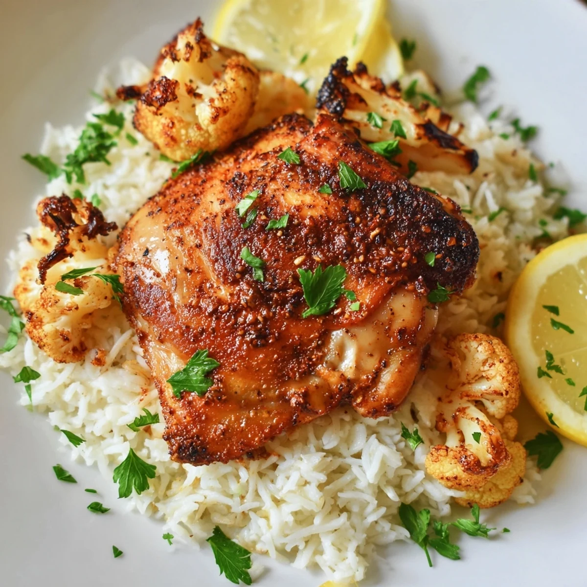 Family-style roasted cauliflower chicken sheet pan on a baking sheet, garnished with cilantro and lemon wedges beside a bowl of steaming jasmine rice.