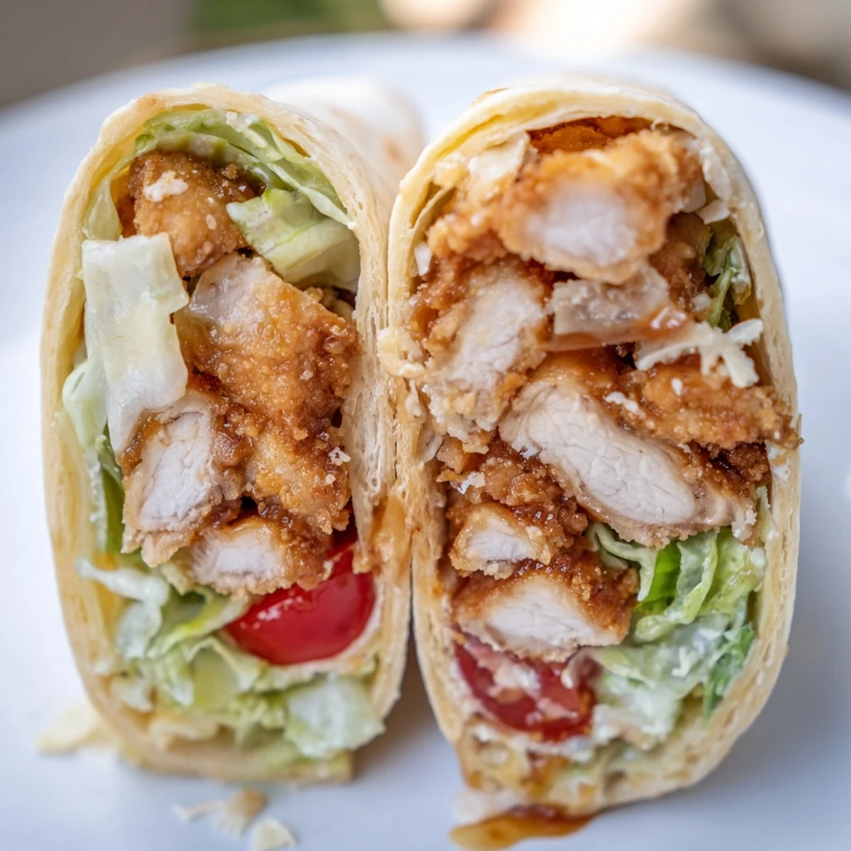 Golden brown crispy chicken strips glazed with spicy hot honey are nestled in a warm flour tortilla with creamy Caesar salad.