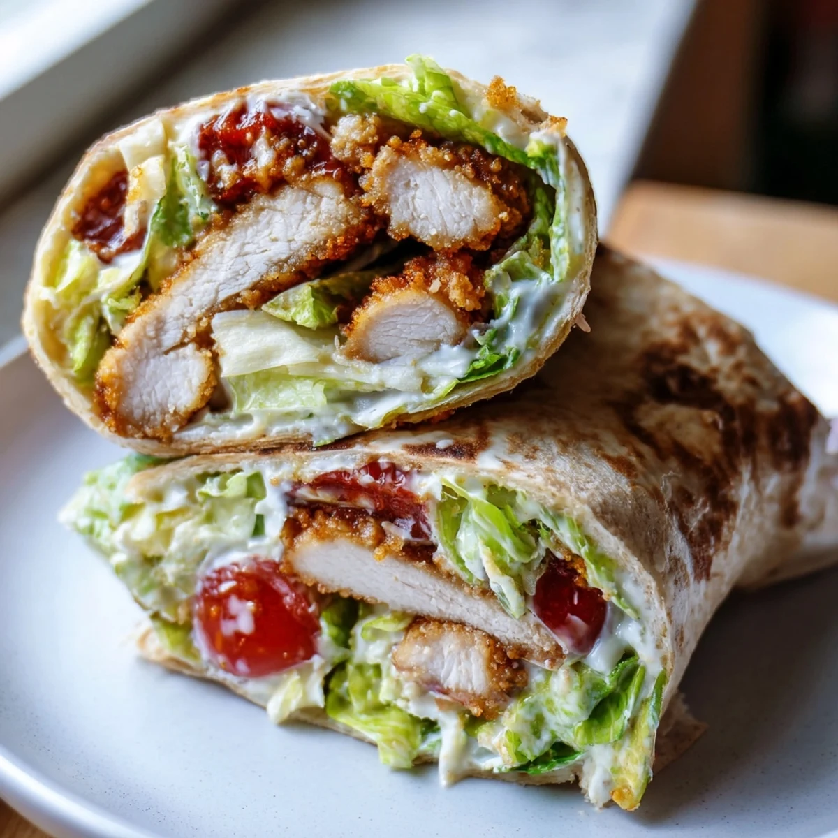A close-up view of a sliced Hot Honey Chicken Caesar Wrap revealing layers of crisp romaine, Parmesan, and juicy chicken inside.