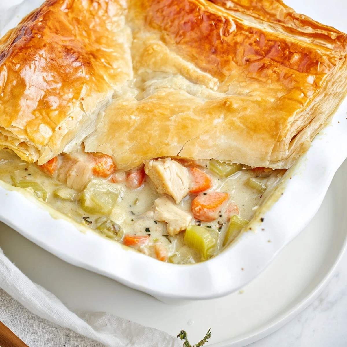 Flaky golden puff pastry covers a creamy filling of tender chicken, smoky bacon, and sautéed leeks in a deep pie dish.  