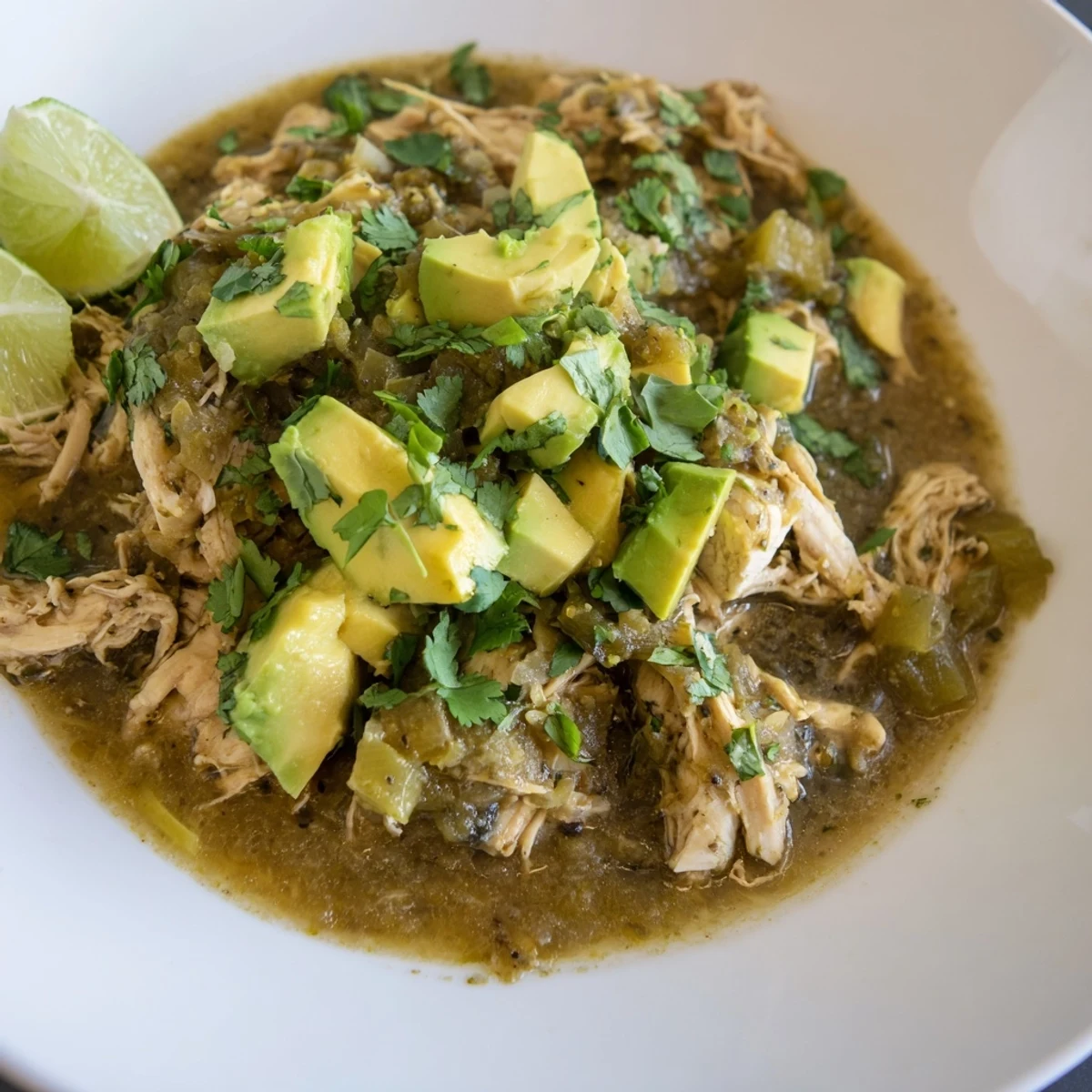 A steaming bowl of Chicken Chili Verde, featuring tender shredded chicken in a vibrant green tomatillo sauce with fresh cilantro and lime.  