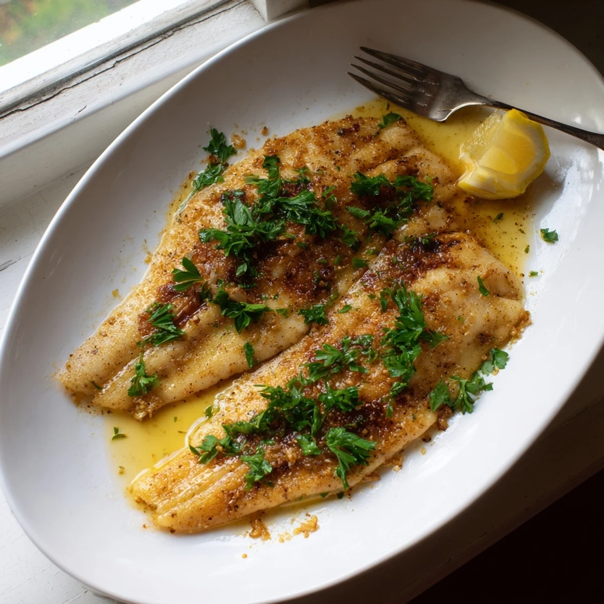 Golden-brown flounder meunière fillets resting in a lemon-browned butter sauce, garnished with fresh parsley and lemon wedges.  