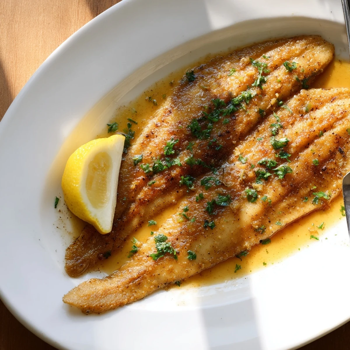 A close-up of flounder meunière with a crispy golden crust and nutty browned butter sauce pooling on the plate.  
