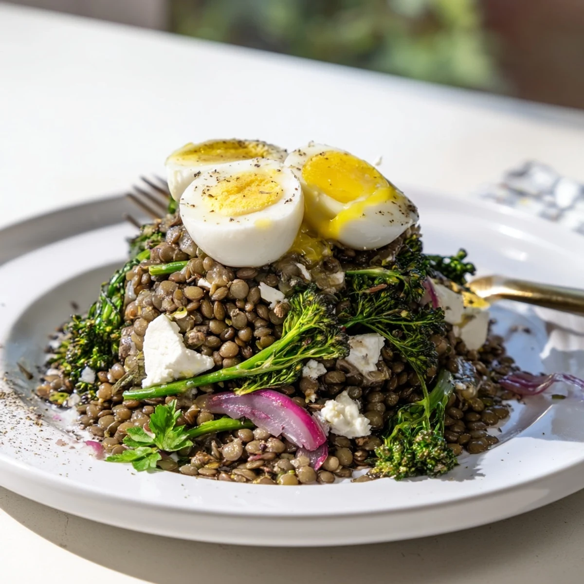 Bright French Lentil Salad With Broccolini and Soft-Cooked Eggs tossed in tangy Dijon vinaigrette, perfect for meal prep.