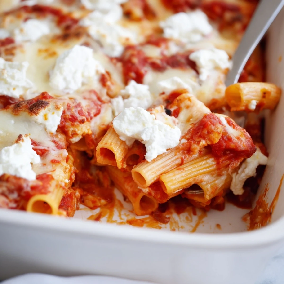 Golden baked Freezer Make-Ahead Baked Ziti with melted mozzarella and rich tomato sauce bubbling from the oven.