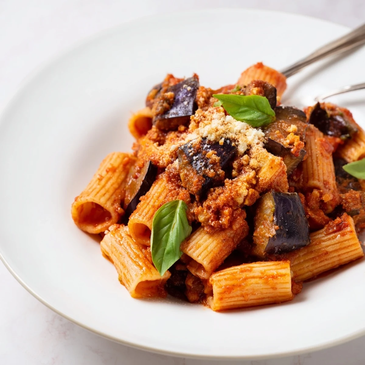 Pasta Alla Norma served in a white bowl, featuring rigatoni tossed in chunky tomato sauce with roasted eggplant cubes, fresh basil, and crumbled ricotta salata cheese.