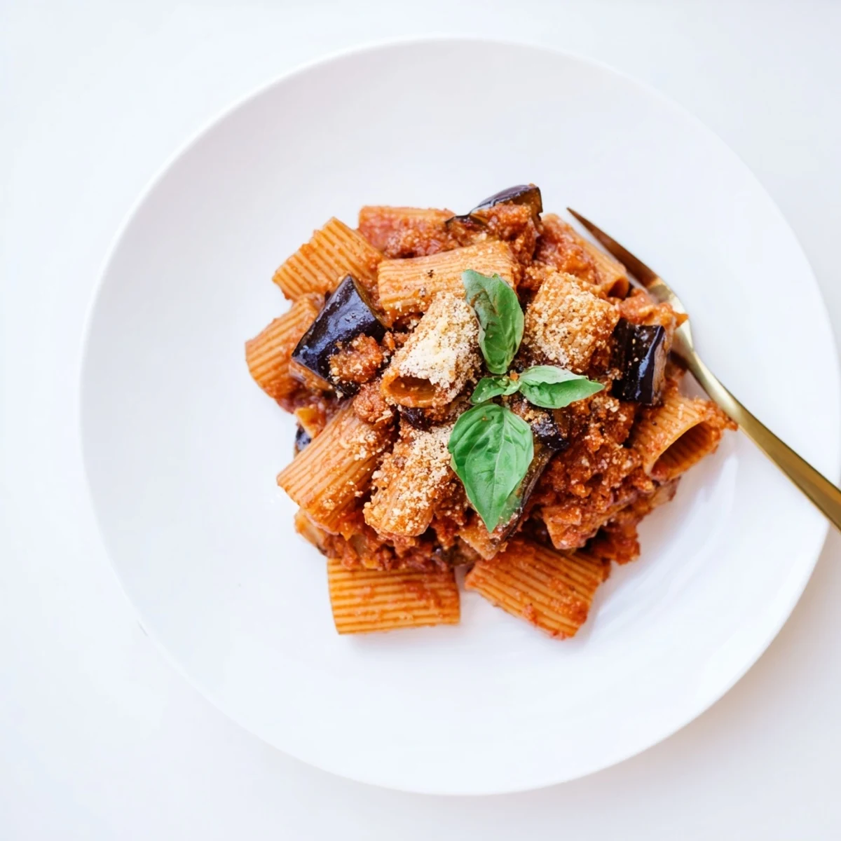 Overhead view of Pasta Alla Norma plated with fresh basil leaves, showcasing a hearty vegetarian dinner perfect for a weeknight meal served with a glass of red wine.
