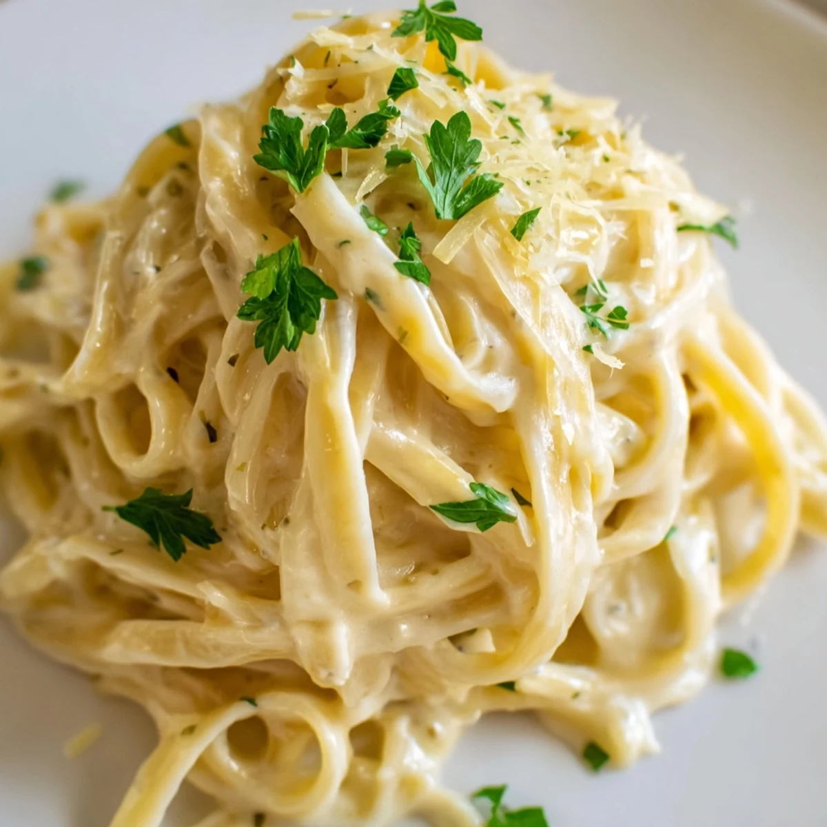 A plate of creamy roasted garlic pasta garnished with fresh parsley and grated Parmesan.