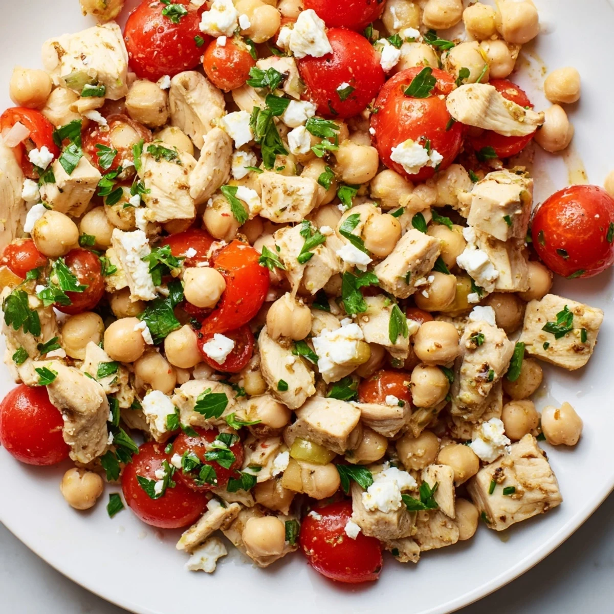 A vibrant Mediterranean Chickpea Chicken Salad with juicy chicken, feta, and crisp cucumber in a zesty dressing.