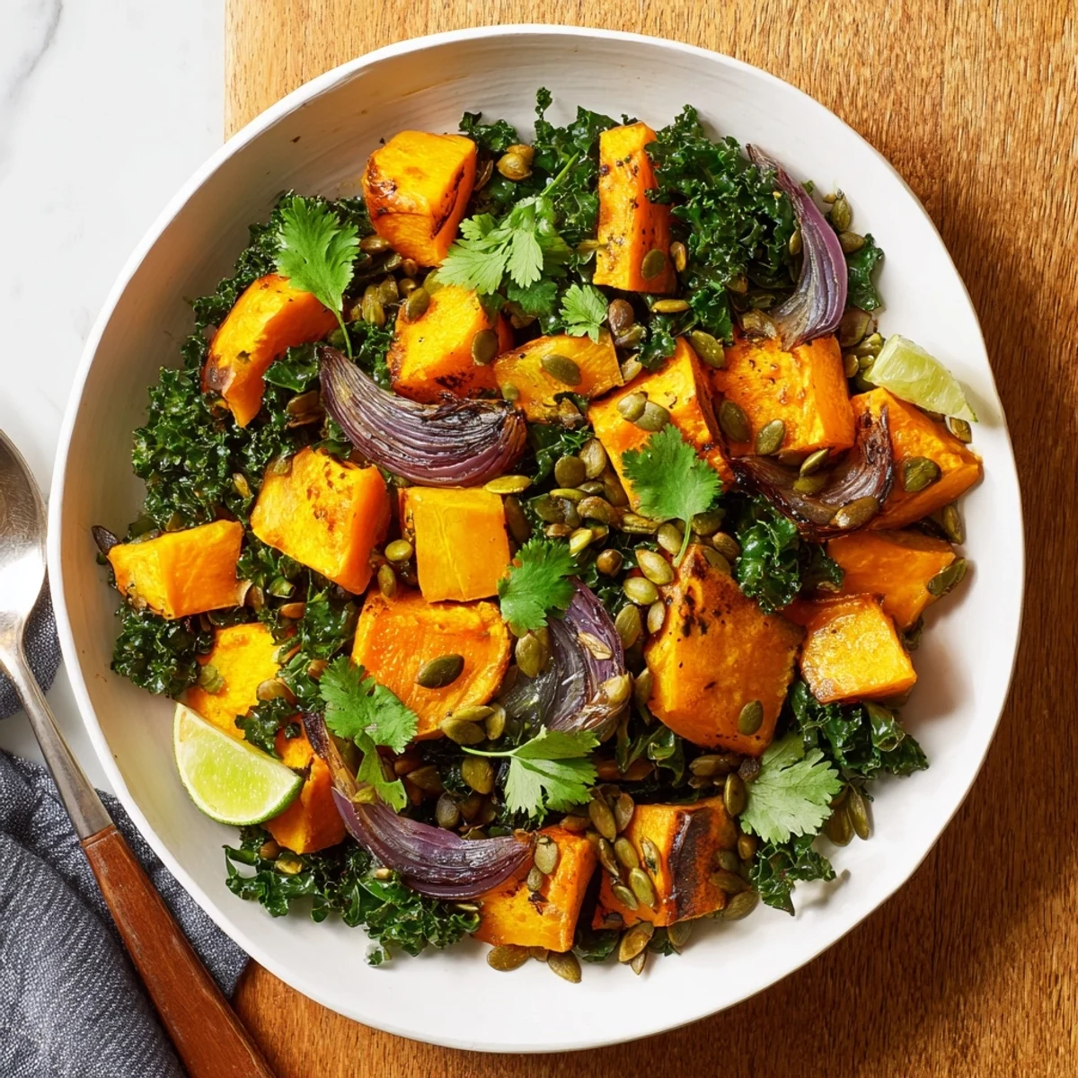 Roasted cubes of Sweet and Spicy Red Kuri Squash Bowl with caramelized edges sit beside wilted kale and red onion.  