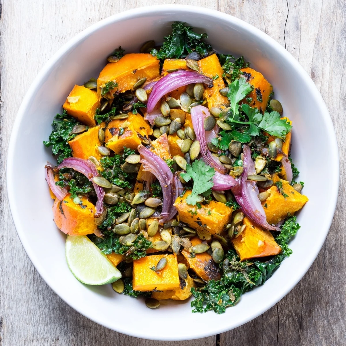 A steaming Sweet and Spicy Red Kuri Squash Bowl garnished with lime wedges, cilantro, and crunchy roasted pepitas.  
