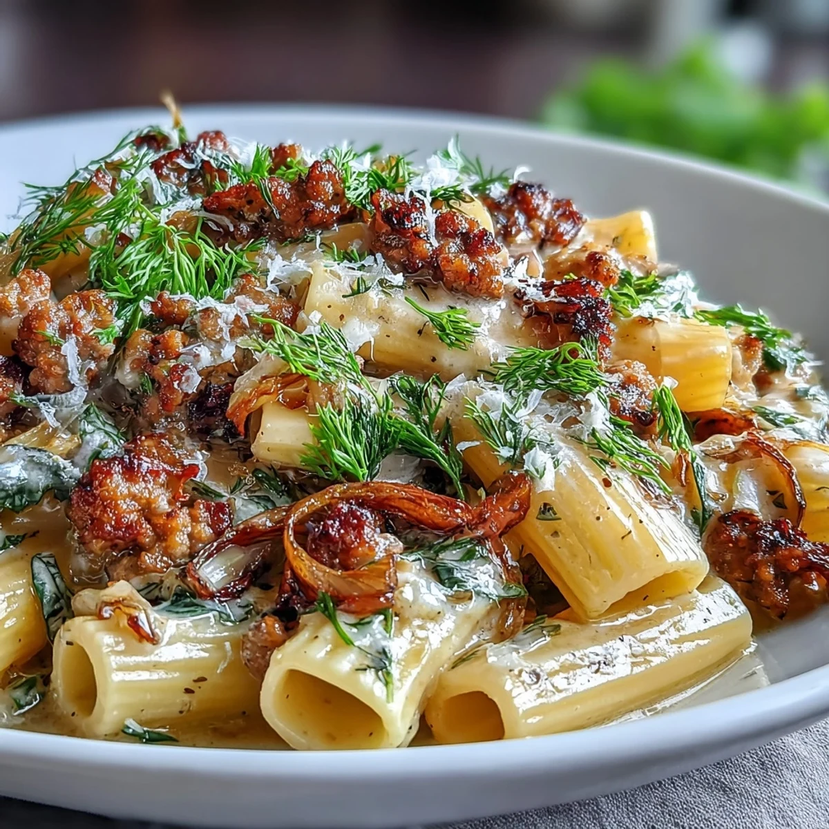 Steaming Winter Pasta with Sausage and Fennel showcases golden, fork-tender noodles coated in a light, aromatic sauce.