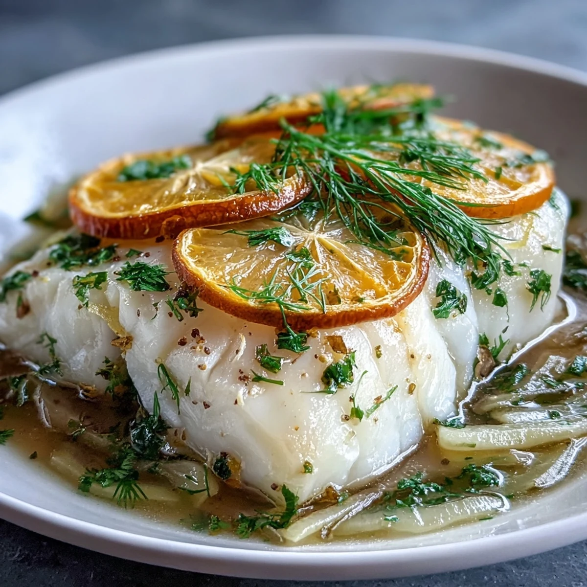 Fluffy Poached Cod With Fennel and Orange, bathed in aromatic citrus broth.