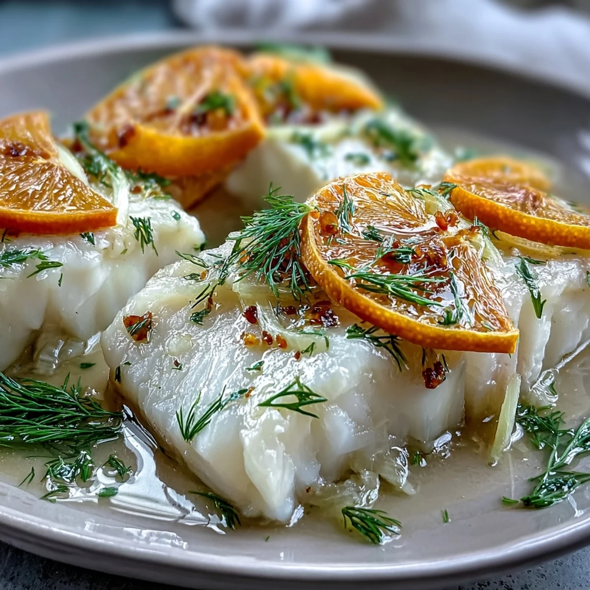 Tender Poached Cod With Fennel and Orange, showcasing vibrant citrus and delicate fish.