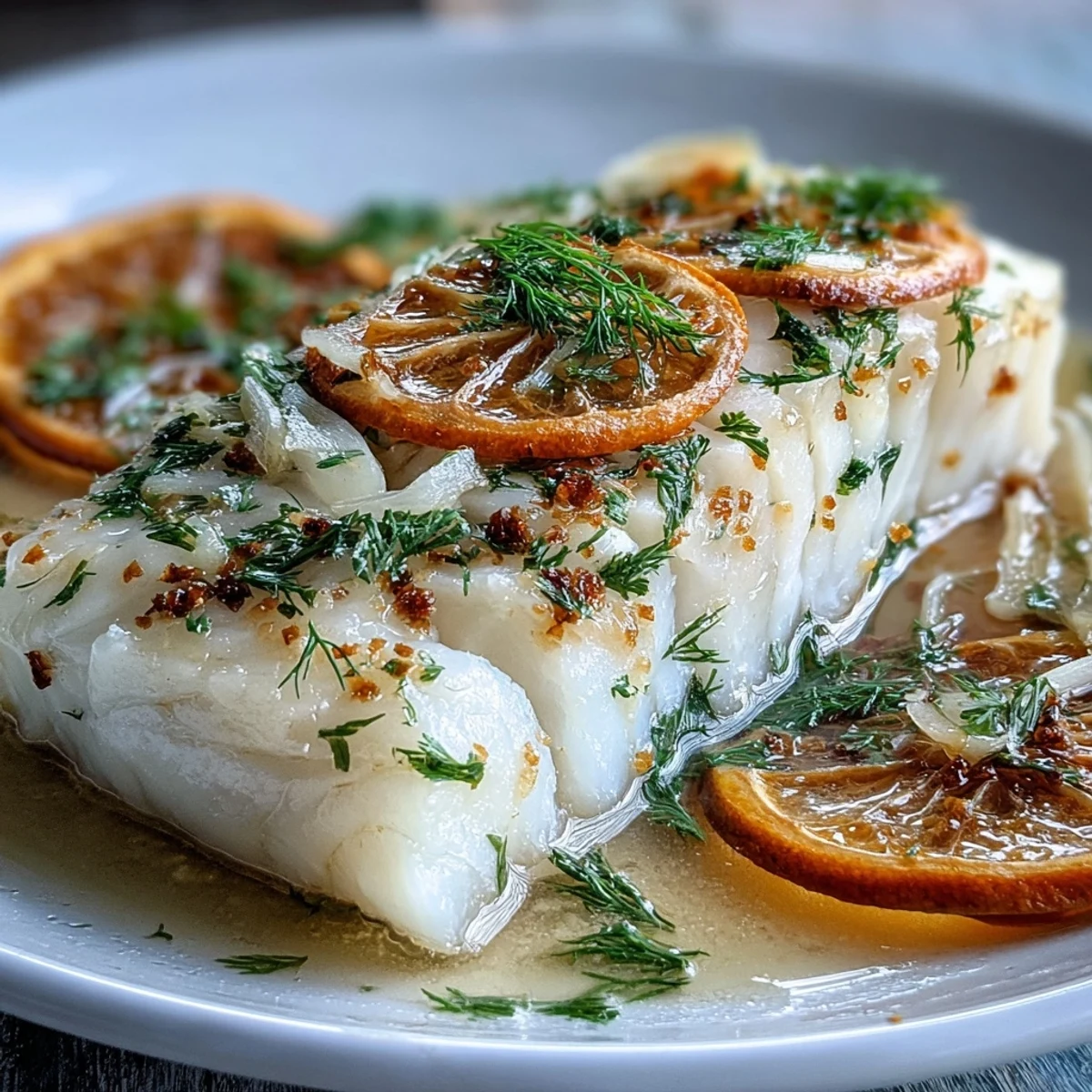 Bright Poached Cod With Fennel and Orange, a healthy Mediterranean dish with fresh herbs.
