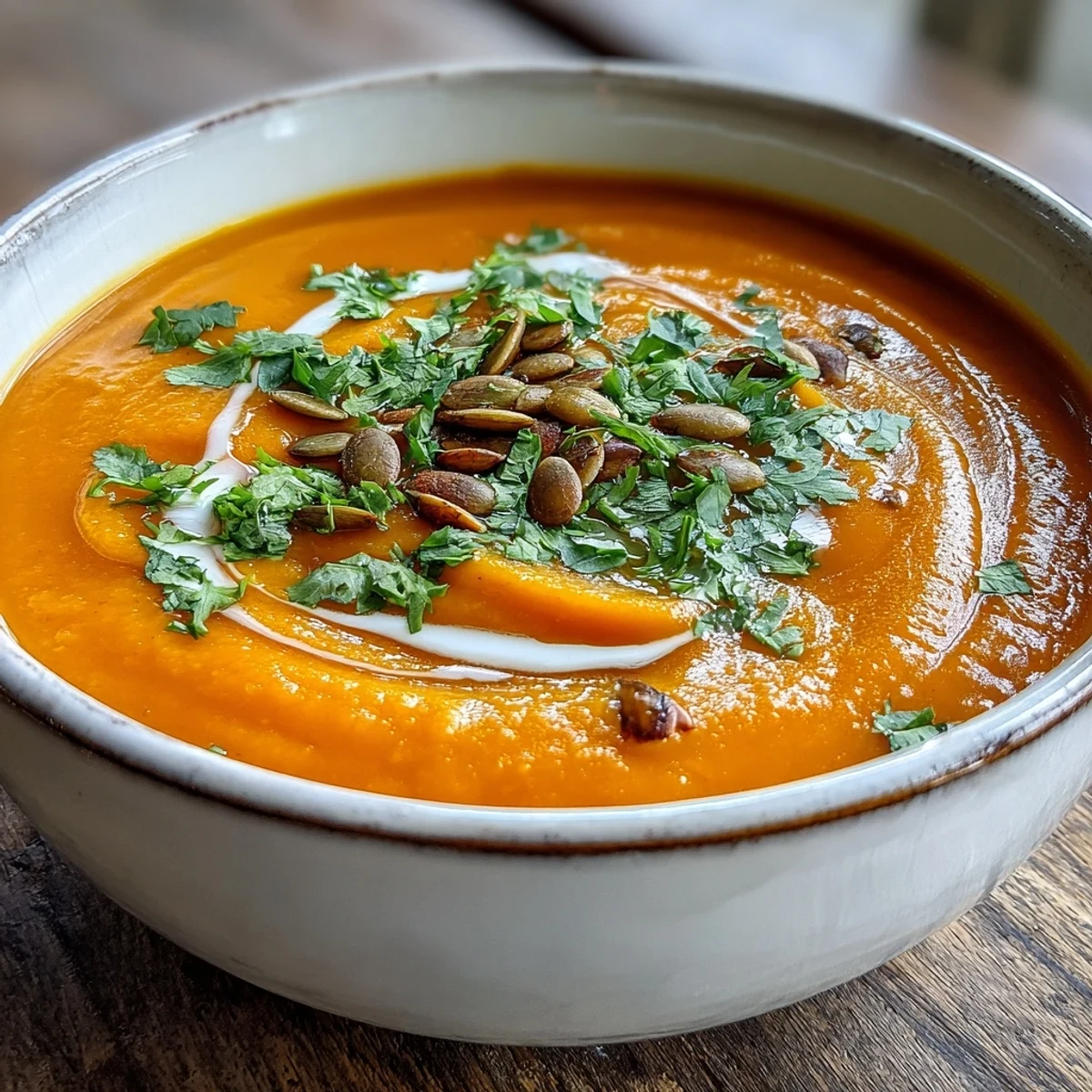 Vibrant orange Carrot Ginger Soup served hot in a rustic bowl, garnished with a swirl of coconut milk and fresh cilantro.