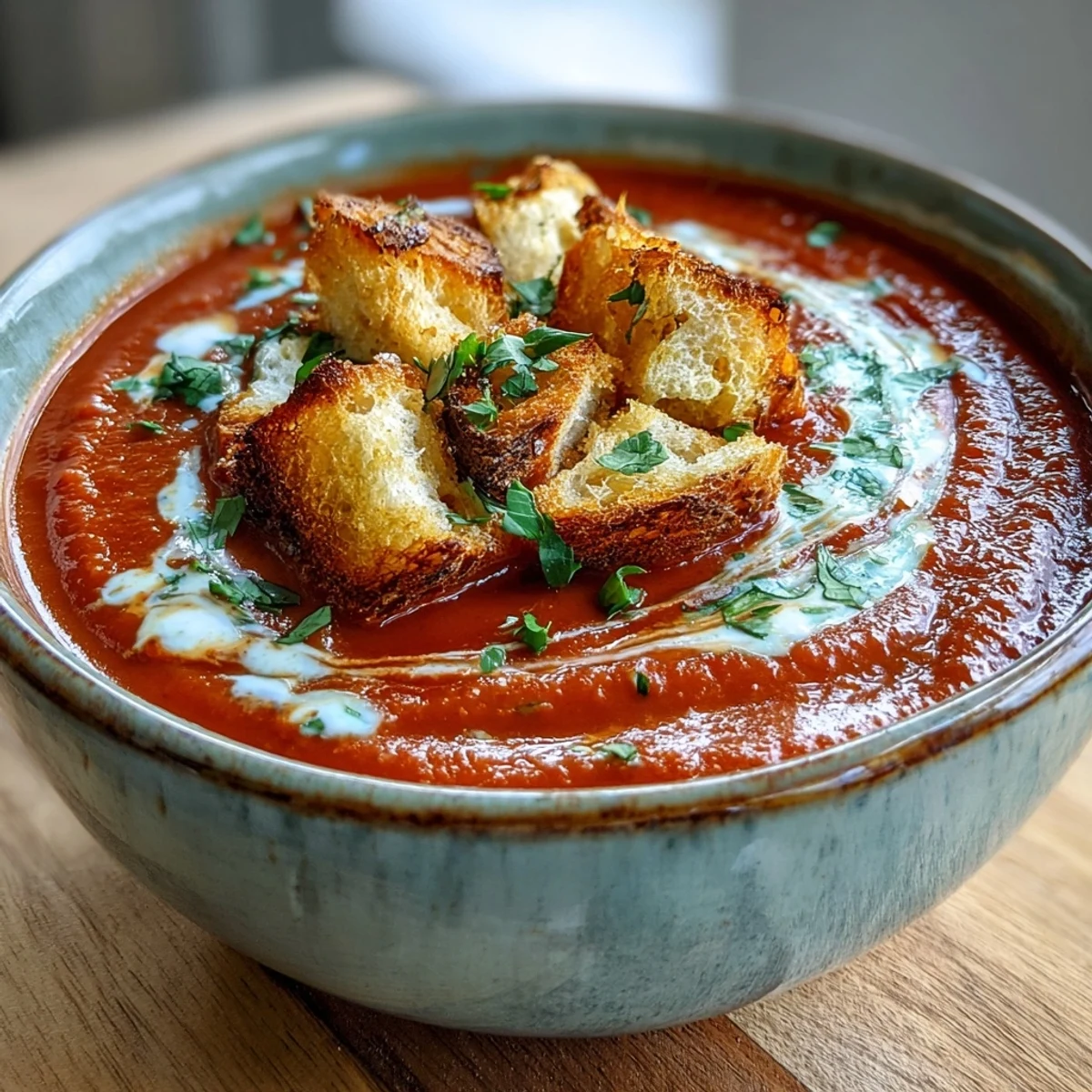 Vibrant red soup topped with crunchy homemade croutons and fresh parsley, perfect for a cozy vegetarian dinner.
