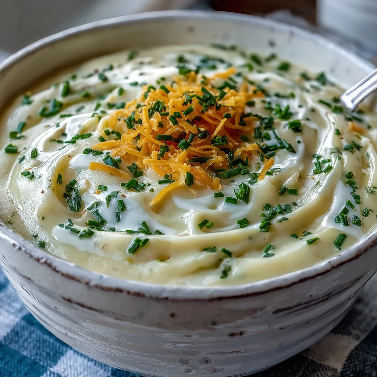 Steam rises from a pot of Cream of Potato Soup, featuring puréed russet potatoes, onion, and celery for a cozy meal.