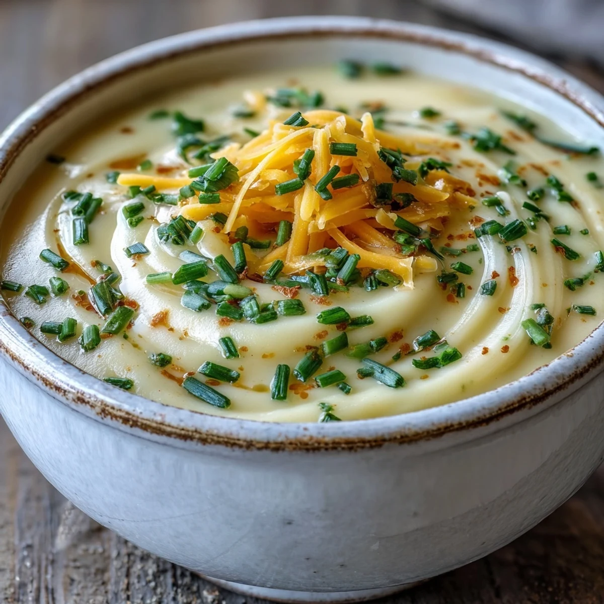 Close-up of Cream of Potato Soup garnished with crumbled bacon and shredded cheddar cheese, perfect for a chilly evening.