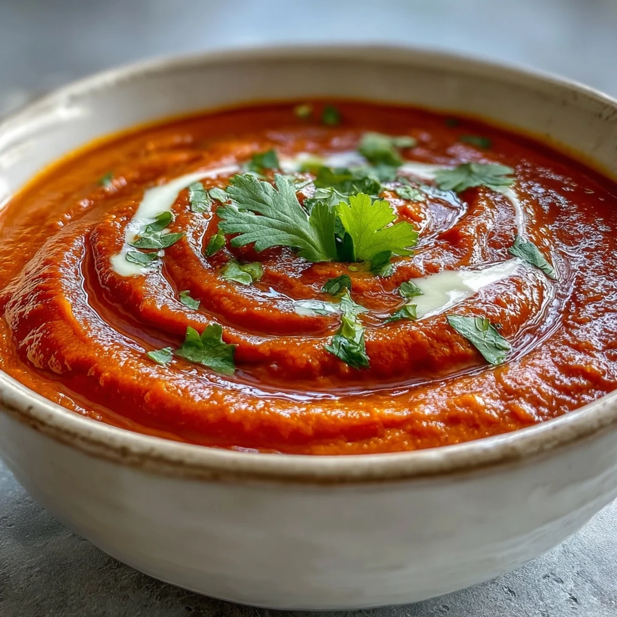 Vibrant orange roasted red pepper soup in a rustic bowl, topped with a dollop of Greek yogurt and parsley.