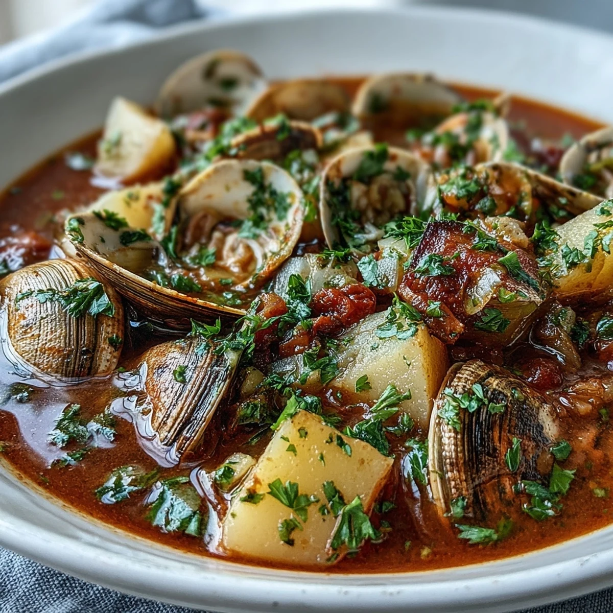 Red steamed littleneck clams and tender Yukon Gold potatoes swim in a zesty tomato broth, topped with fresh parsley.