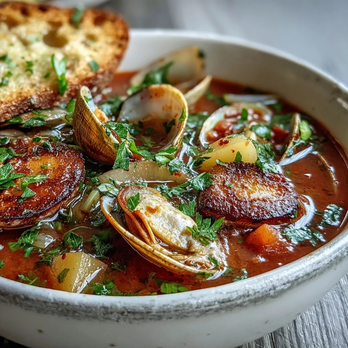 Steaming bowl of Manhattan Clam Chowder garnished with parsley, served alongside crusty sourdough bread for dipping.