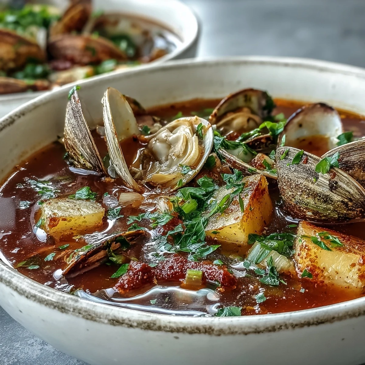 Close-up of a ladle scooping up chunky Manhattan Clam Chowder, revealing diced carrots, celery, and red bell peppers.