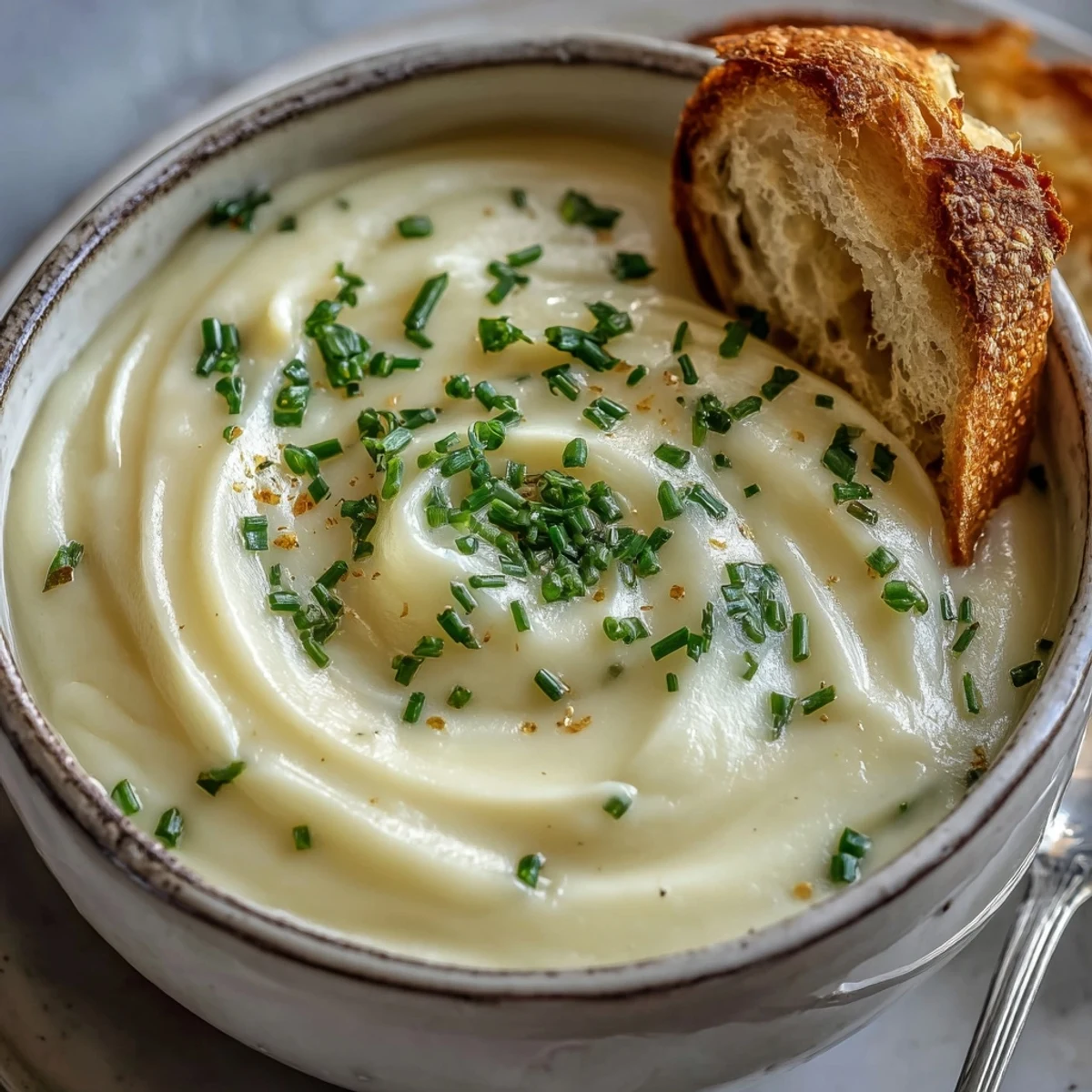 A rustic pot of blended potato leek soup with simmered Yukon Gold potatoes and tender leeks, ready to serve.