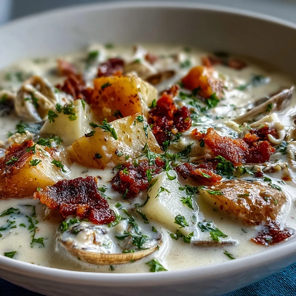 A ladle lifts creamy New England Clam Chowder, featuring tender clams and diced potatoes from a rustic pot.