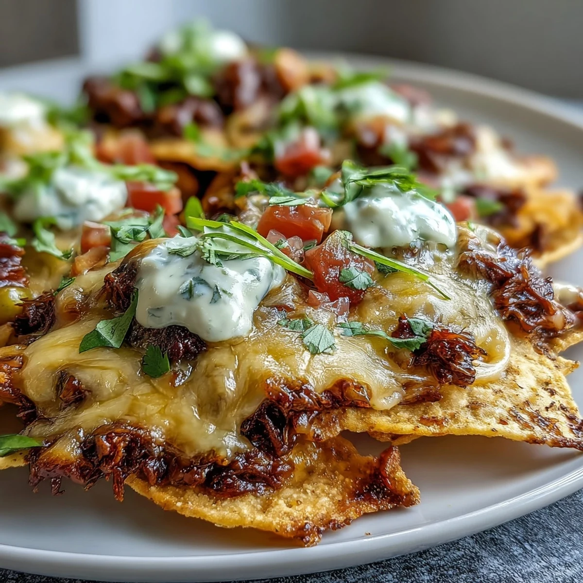 Golden BBQ Beef Nachos topped with melted cheese, jalapeños, and sour cream on a rustic platter.
