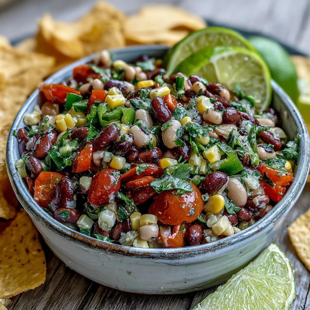 A chilled bowl of Cowboy Caviar garnished with fresh cilantro and lime wedges for a zesty touch.