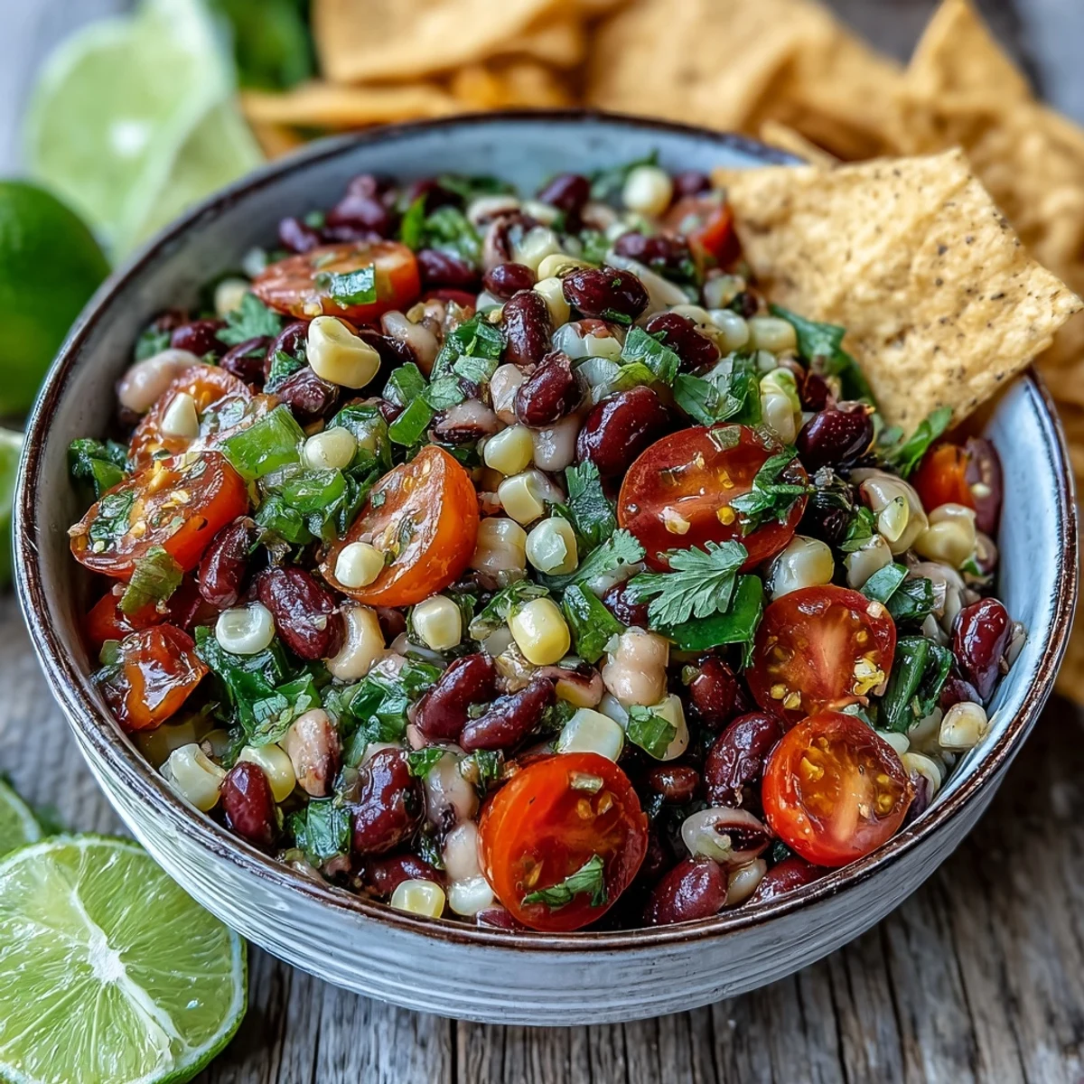 Top-down view of fresh Cowboy Caviar with red onion and jalapeño, perfect for dipping with tortilla chips.