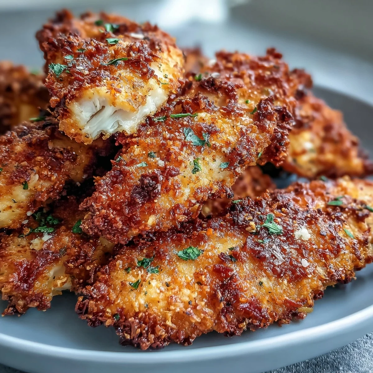 Golden brown Air Fryer Chicken Strips arranged on a plate next to a small bowl of creamy ranch dip.