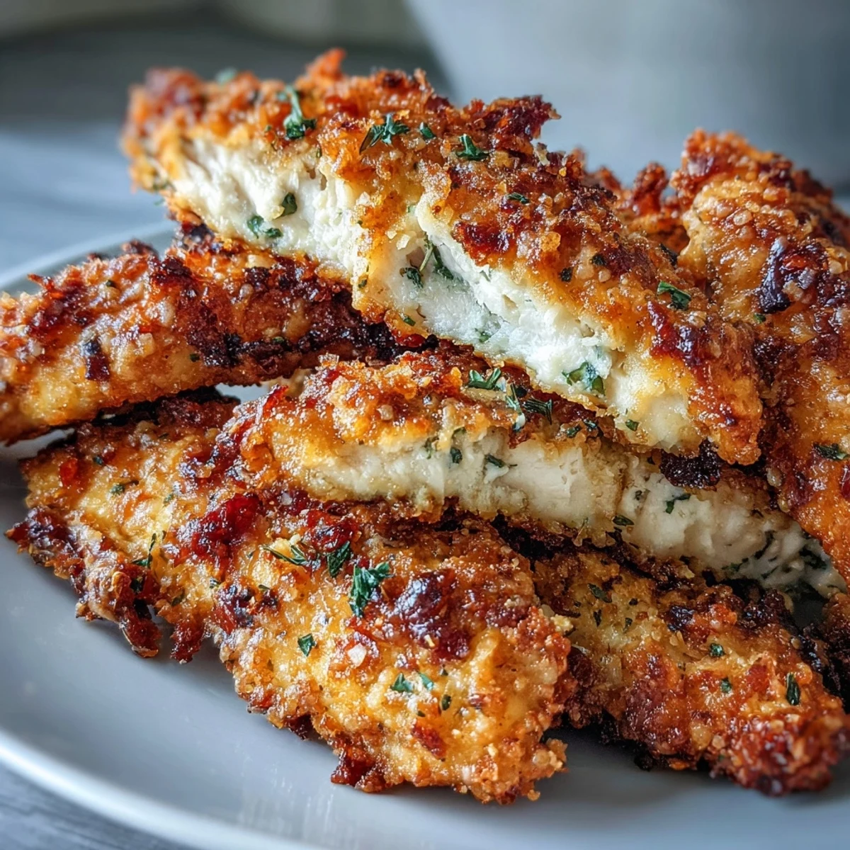 Close-up of golden Air Fryer Chicken Strips on a wooden cutting board, highlighting the crunchy whole wheat breading.