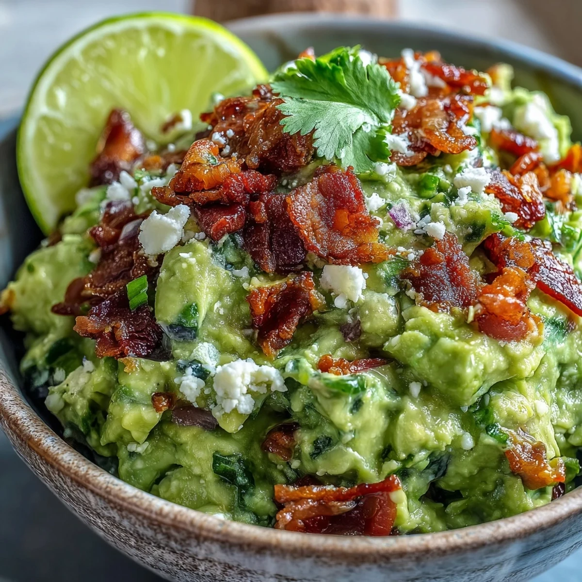 Freshly mashed Bacon Guacamole with Cotija Cheese piled into a serving bowl, finished with Cotija crumbles and colorful veggies for scooping.