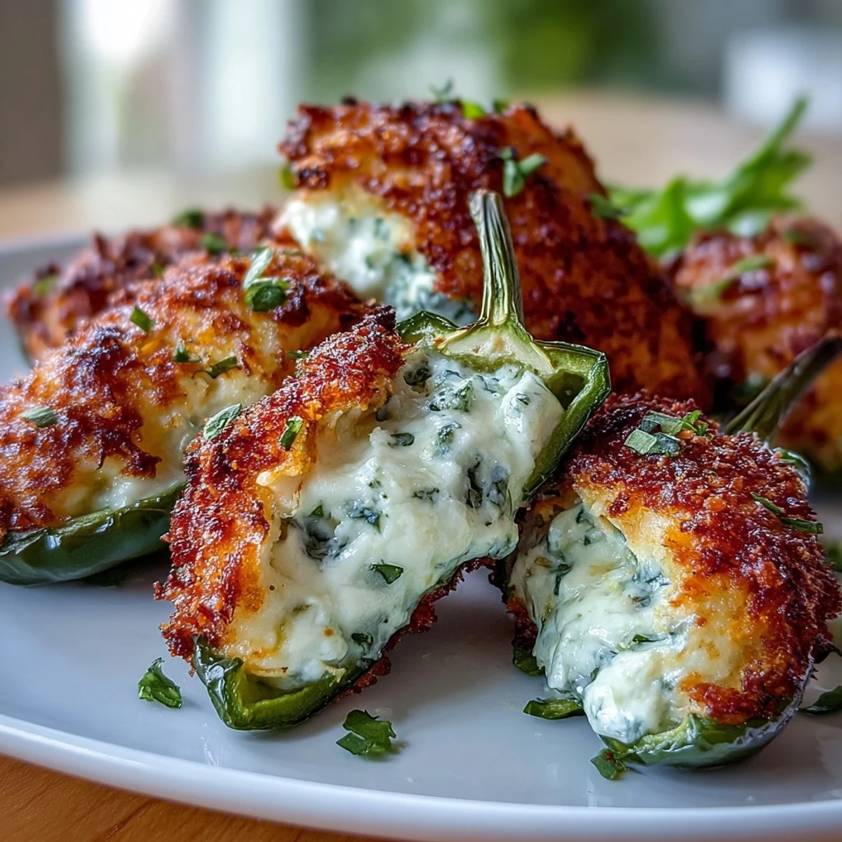 Spicy jalapeño halves filled with creamy lump crabmeat, served warm with fresh parsley garnish.