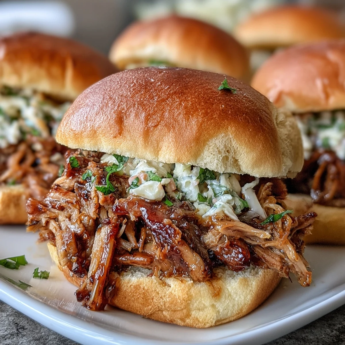 Golden-brown, shredded Applesauce Pulled Pork Sandwiches stacked high on soft buns with a sweet apple cider glaze.