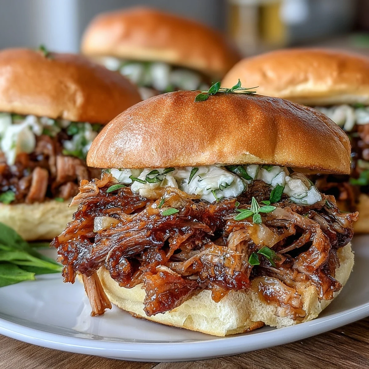 Served hot on toasted buns, this Applesauce Pulled Pork Sandwiches recipe features a forkful of juicy meat.