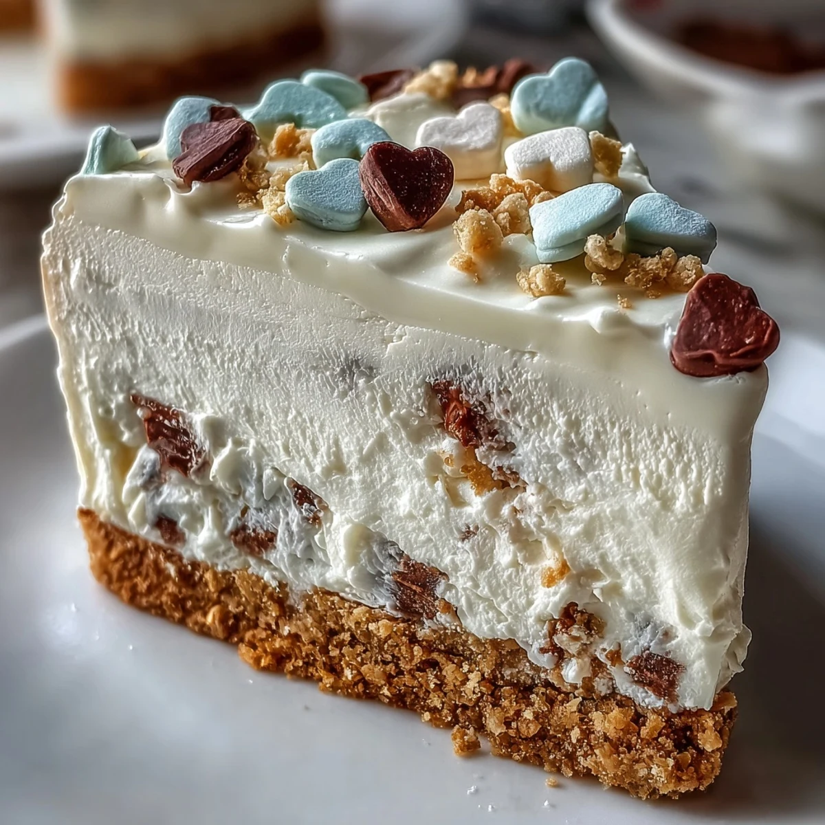 A close-up of the Candy Hearts Fake Cake shows colorful conversation heart candies pressed into silky cream cheese frosting.