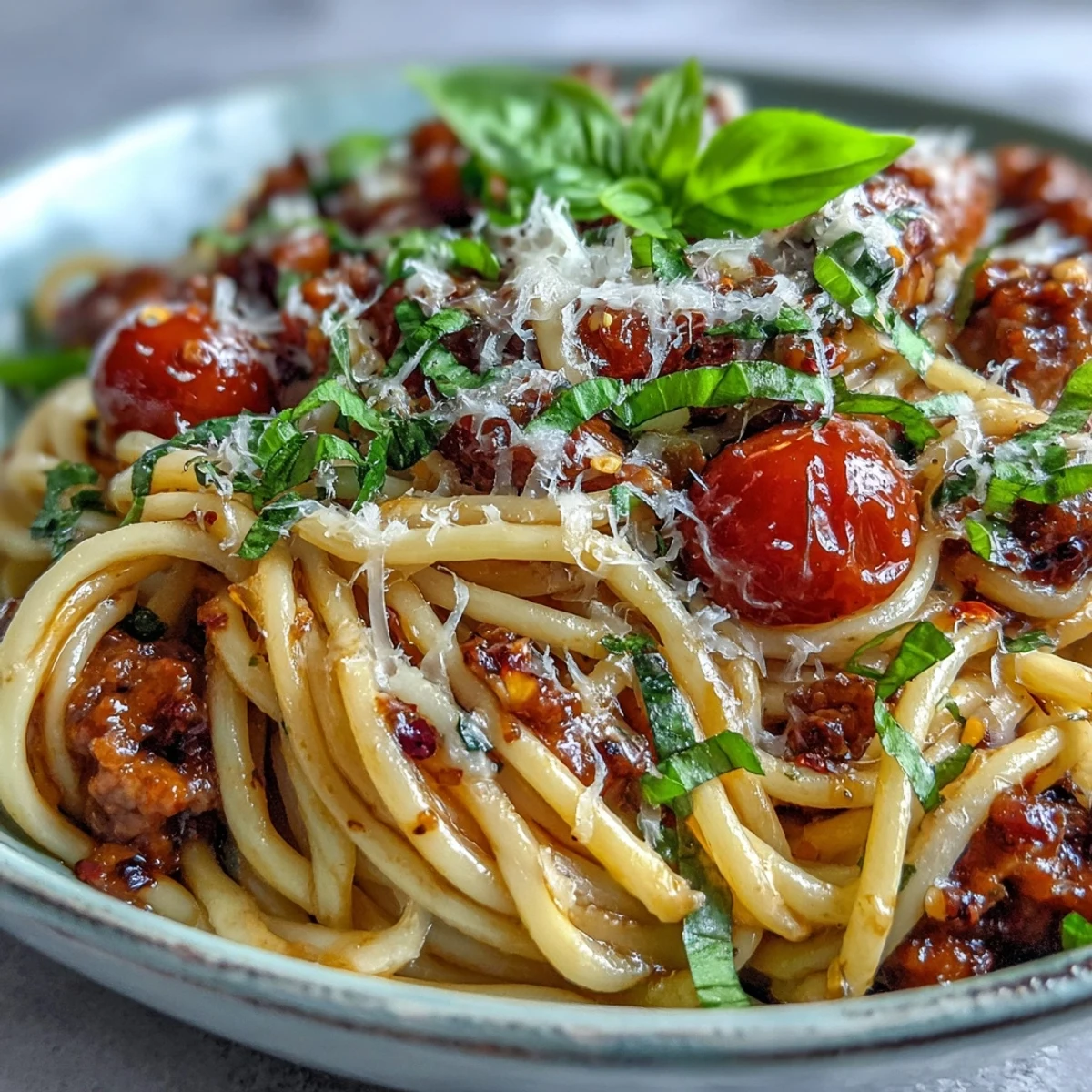 Vibrant Italian Drunken Noodles tossed with shrimp, garlic, and onions in a bold tomato wine sauce, ready to serve.