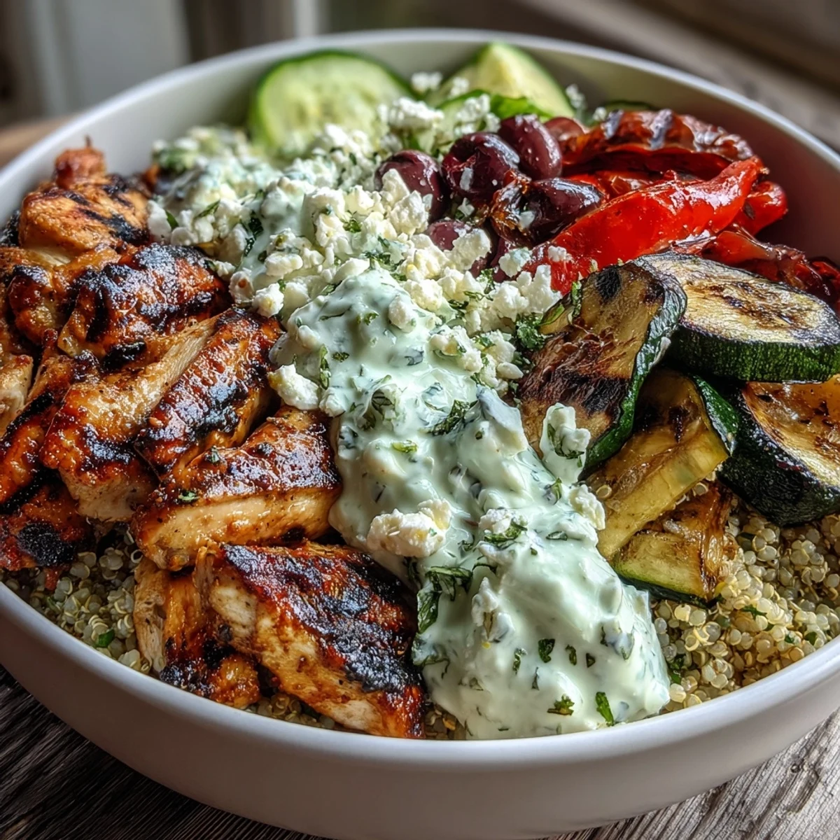 Grilled zucchini, bell peppers, and eggplant atop nutty quinoa, ready for a drizzle of tzatziki.