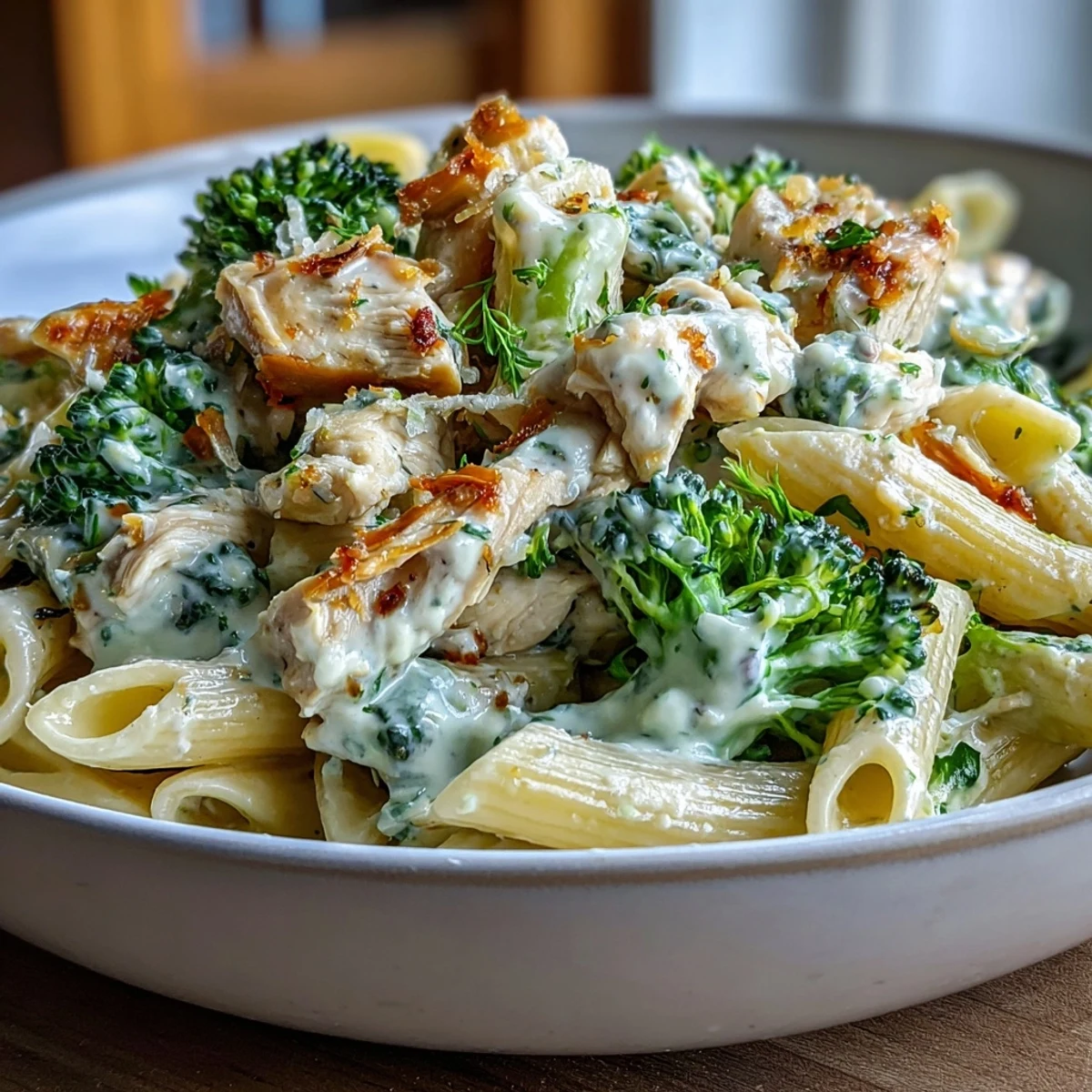 Freshly cooked whole-wheat penne and bright green broccoli florets tossed with juicy shredded rotisserie chicken in a creamy, garlic-lime sauce.