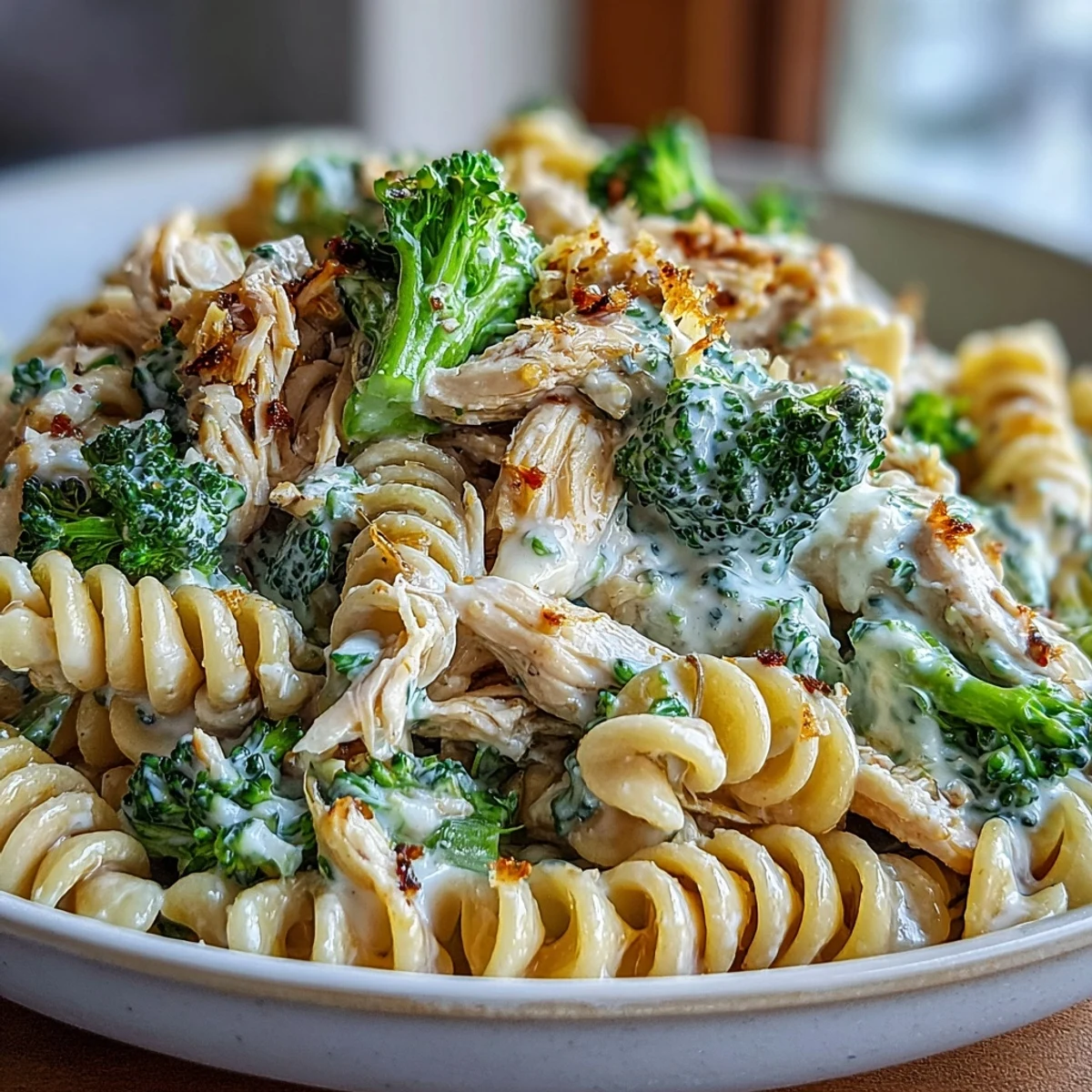 Steaming bowl of High Protein Rotisserie Chicken Broccoli Pasta featuring tender broccoli, shredded chicken, and whole-wheat penne coated in a silky Greek yogurt sauce.
