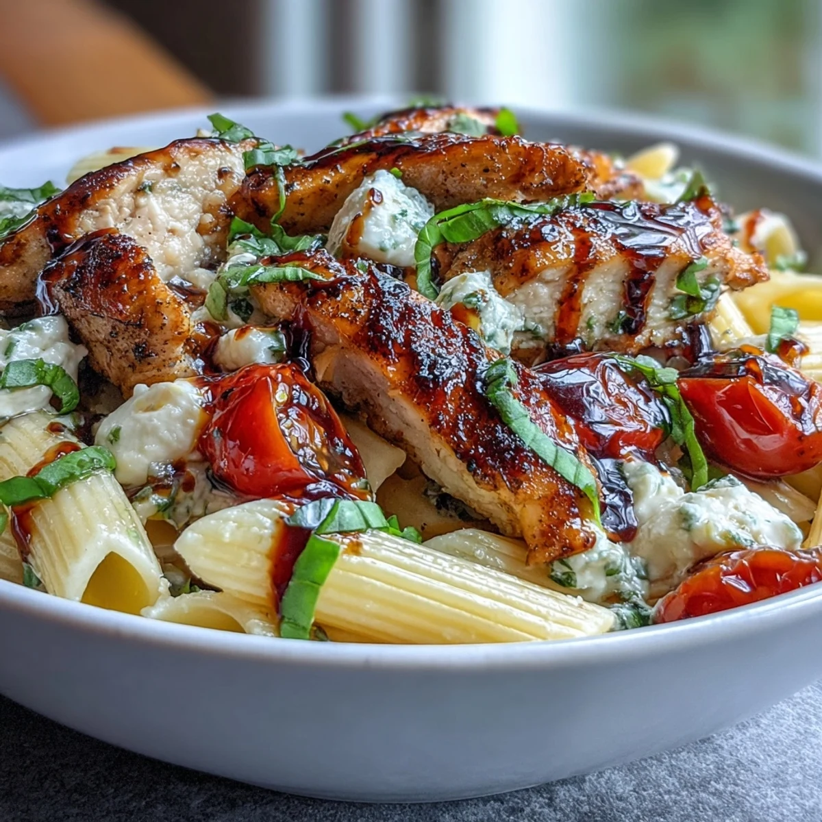 Bright cherry tomatoes soften around tender chicken and pasta tossed with basil, mozzarella, and balsamic in a skillet of Bruschetta Chicken Pasta.