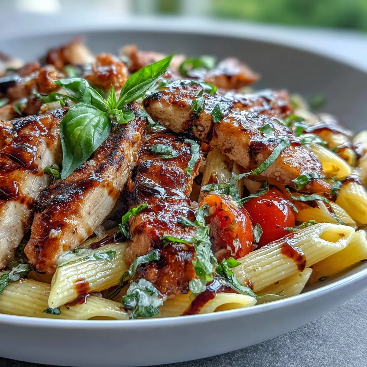 Steam rises from a bowl of Bruschetta Chicken Pasta featuring penne, seared chicken, cherry tomatoes, and melted mozzarella, finished with fresh basil.