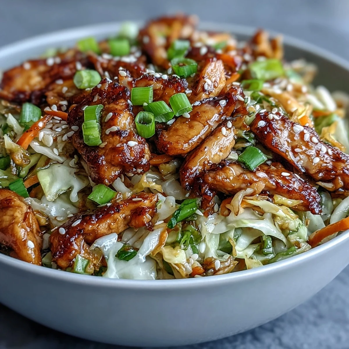 Sizzling chicken and tender cabbage coated in a savory soy-sesame glaze, garnished with scallions and chili crisp for this easy Egg Roll Bowls recipe.