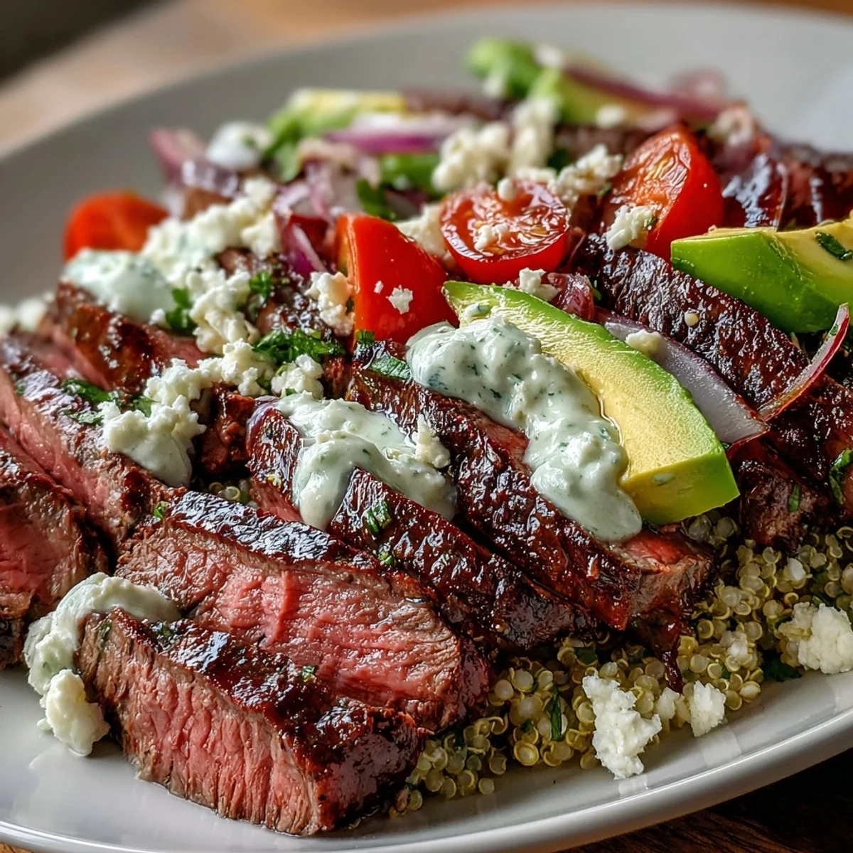 A plated bowl features grilled steak, roasted corn, and creamy avocado slices on rice, drizzled with vibrant green cilantro cream sauce.