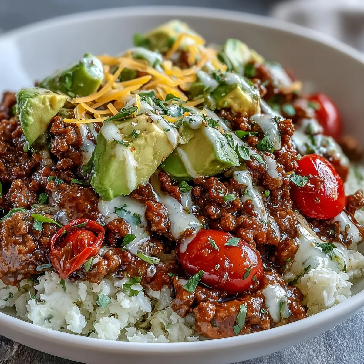 Low Carb Burrito Bowl with seasoned ground beef, cauliflower rice, crisp lettuce, and creamy avocado, ready to serve.