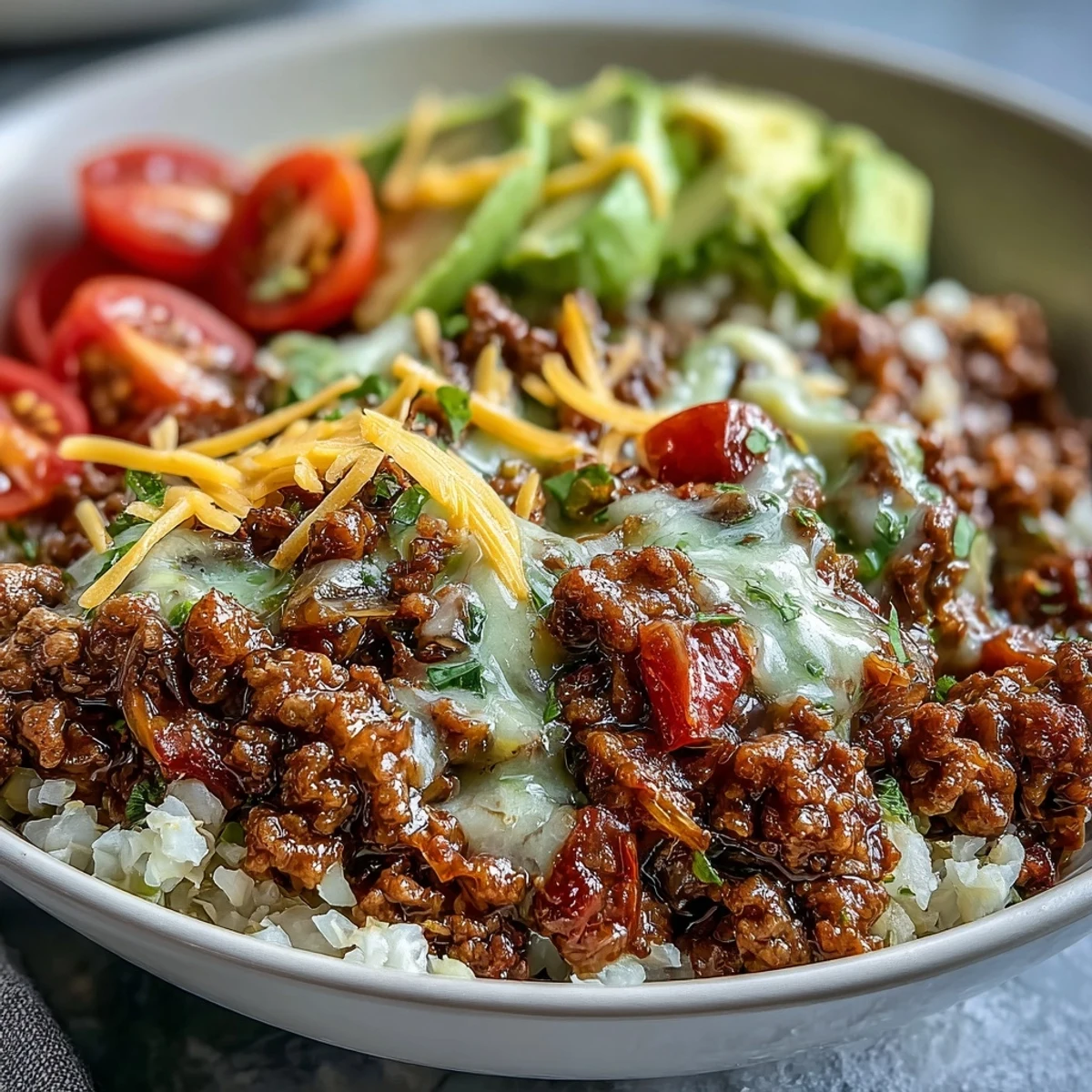 Ground beef seasoned with chili and cumin in a Low Carb Burrito Bowl, topped with juicy tomatoes, cheese, and lime.