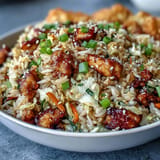 Steaming skillet of Crispy Chicken Fried Rice with Egg Roll Flavors studded with fresh green onions and sesame seeds.